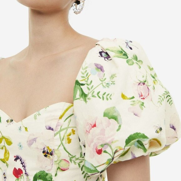 H&M Off-the-shoulder Puff-sleeve Cream Floral Dress - Picture 4 of 8